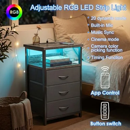 The Fixwal Night Stand with 3 Fabric Drawers, Nightstand with Charging in real use