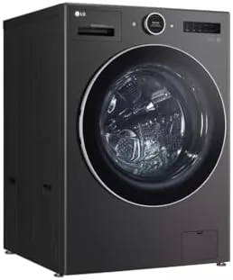 LG 5.0 cu ft all-in-one washer dryer combo in black steel installed in a laundry room