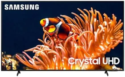 Samsung 65 inch DU8000 Crystal UHD TV mounted on a living room wall