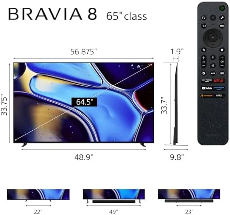 Close up of the thin profile and central stand of the Sony BRAVIA 8 OLED
