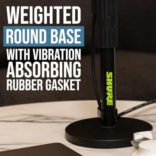 The Shure by Gator Round Base Desktop Mic Stand with 6" in real use