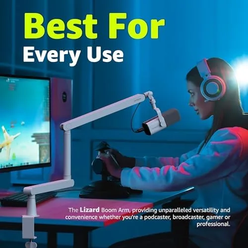 The White Microphone Boom Arm Stand Low Profile Boom Arm Adjustable in real use