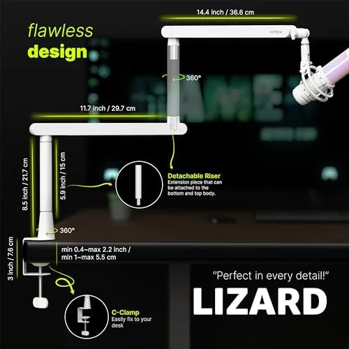Another view of the White Microphone Boom Arm Stand Low Profile Boom Arm Adjustable