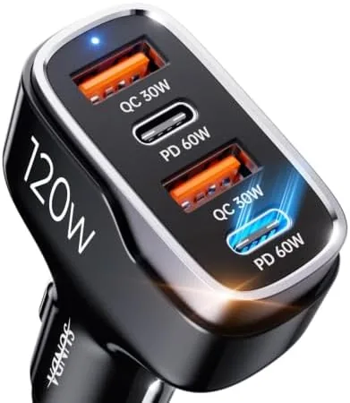 Overview of the SUNDA 120W USB C Fast Car Charger, 4-Port (2 USB-C