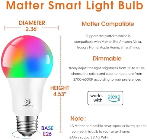 Close look at the Energetic Light Bulbs Work with Alexa/Apple Home/Google Home/SmartThings, Matter Smart build quality