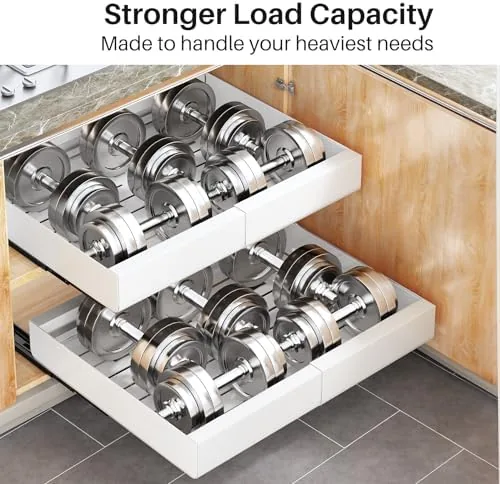 A tidy organized base cabinet with the Kitstorack drawer pulled out