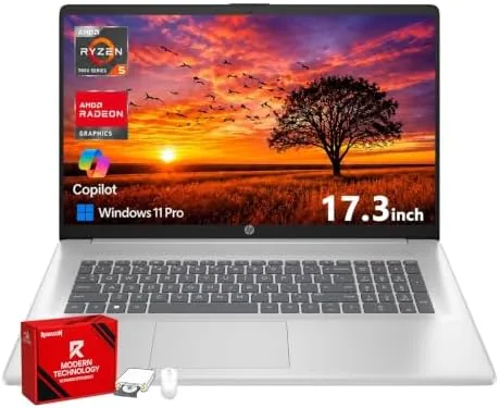 HP 17 inch FHD laptop open on a home office desk