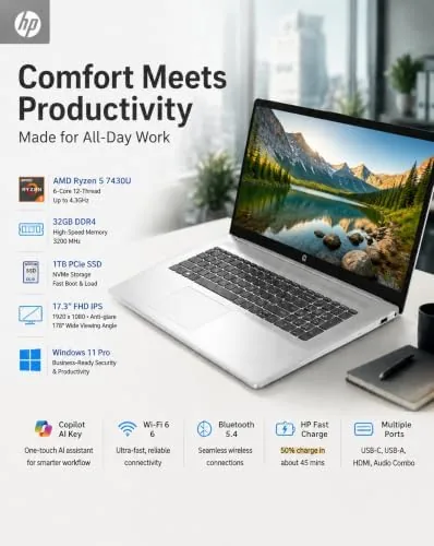 A spreadsheet and browser running side by side on the HP 17 inch laptop