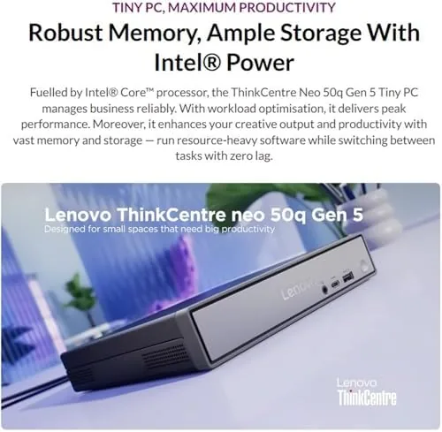 Detail shot of the Lenovo ThinkCentre neo 50q Gen 5 Mini Desktop PC, Intel features