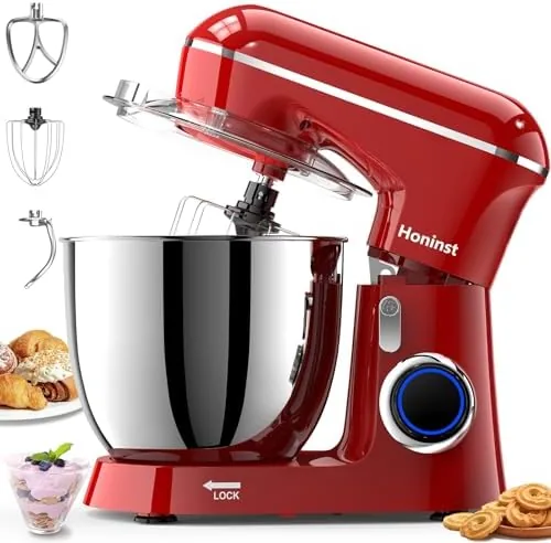 The red Honinst stand mixer with the bowl and beater attached on a counter