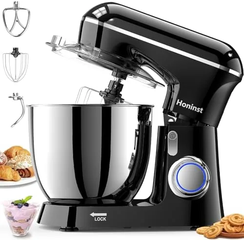 The Honinst 6.5QT stand mixer in black on a kitchen counter