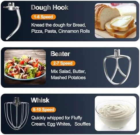 The dough hook, whisk, and flat beater attachments laid out beside the mixer