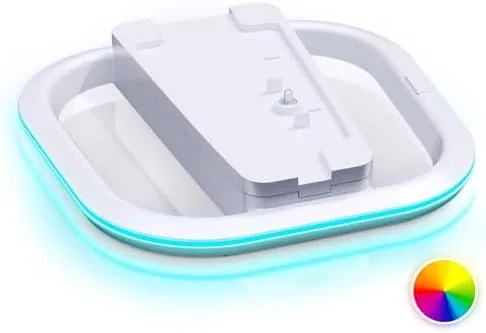 The white vertical stand for PlayStation 5 with RGB lights glowing