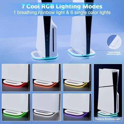 Close up of the RGB light strip and the control button on the stand base