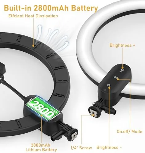 Close look at the 12 inch LED Circle Selfie Ring Light with 63" Tripod Stand 2800mAh build quality