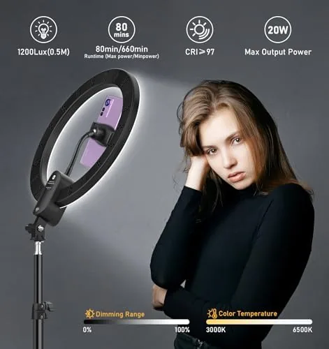 Detail shot of the 12 inch LED Circle Selfie Ring Light with 63" Tripod Stand 2800mAh features