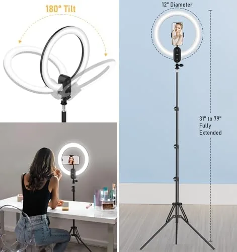 The 12 inch LED Circle Selfie Ring Light with 63" Tripod Stand 2800mAh compared in context