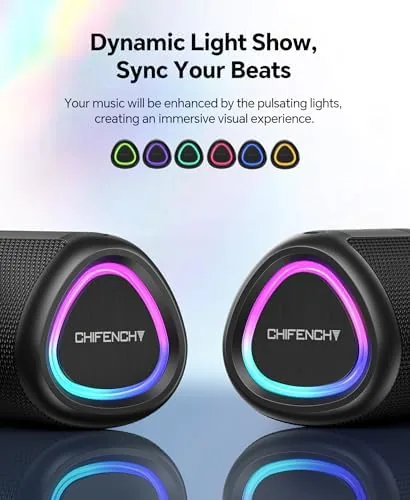 The dynamic light ring glowing on the speaker base at dusk