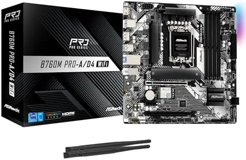 ASRock B760M Pro-A/D4 WiFi motherboard laid out on a build bench