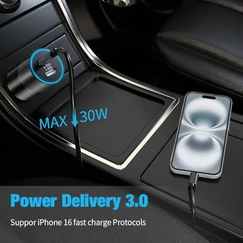 Detail shot of the 6 Pack 60W USB C Fast Car Charger 2-Port Adapter features