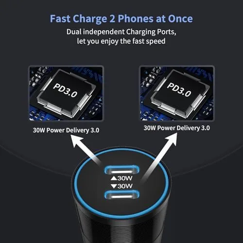 The 6 Pack 60W USB C Fast Car Charger 2-Port Adapter compared in context