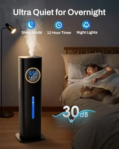 Humidifier in a living room with houseplants on a shelf nearby