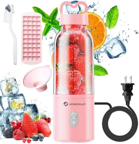 Pink portable personal blender with its cup full of a fruit smoothie