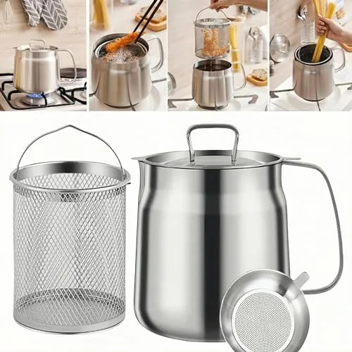 68oz stainless steel deep fryer pot with basket and strainer on a kitchen counter