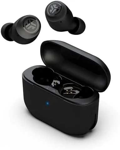 Front view of the JLab Go Air Pop+ earbuds and charging case