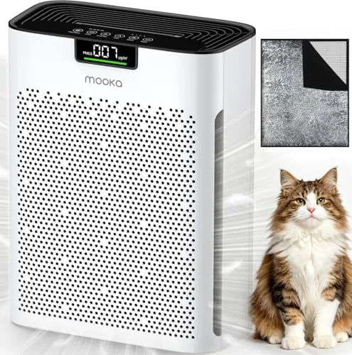 MOOKA air purifier in white standing in a corner of a large living room