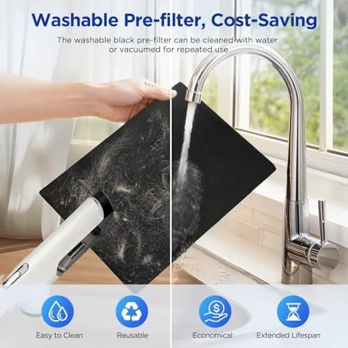 Washable pre filter and true HEPA filter layer shown next to the purifier