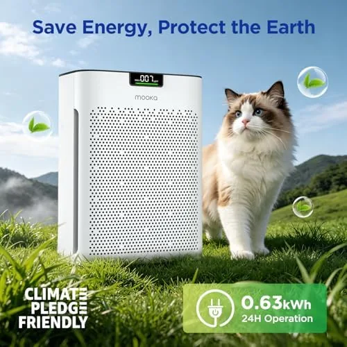 MOOKA air purifier running in a bright living room with a dog resting nearby