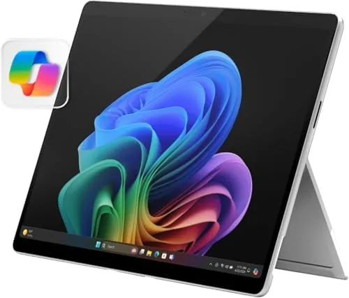 Microsoft Surface Pro 2024 in Platinum with the kickstand open and OLED screen glowing
