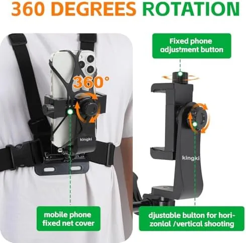 The KINGKI Mobile Phone Chest Strap Harness Mount Head Strap Holder in real use