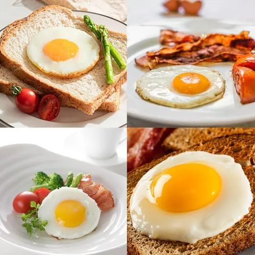 Rings of different colors next to pancakes and eggs