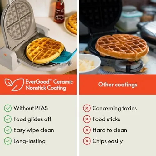 The waffle maker folded closed and standing upright for storage