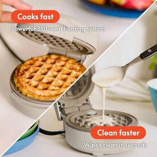 Comparison shot of the mini waffle maker beside a larger Belgian waffle iron