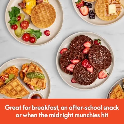 The mini waffle maker stored upright on a shelf beside kitchen bowls
