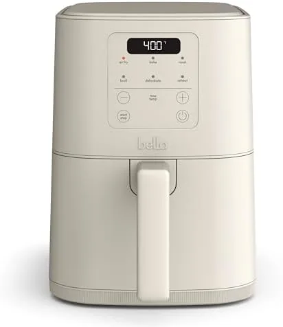 The bella Fits-anywhere slim air fryer in oatmilk finish on a kitchen counter