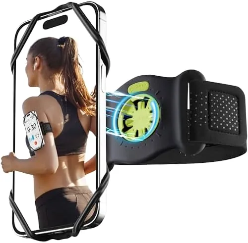 The Bone Run Tie magnetic phone holder mounted on an arm with the phone attached