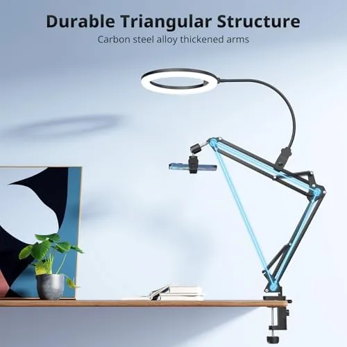 The UBeesize 10" Ring Light with Overhead Phone Mount for Content in real use