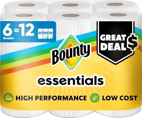 Six white Bounty Essentials double rolls of paper towels standing in a row