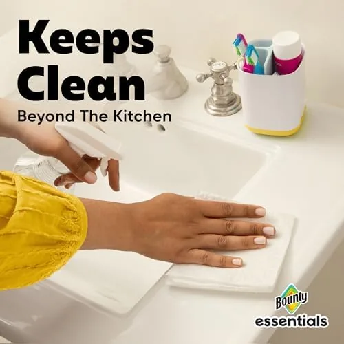 A tidy kitchen counter with a fresh roll of Bounty Essentials at the ready