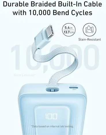 The power bank plugged into a wall adapter with a USB-C cable