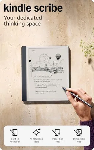 Amazon Kindle Scribe in Tungsten with the Premium Pen resting beside it