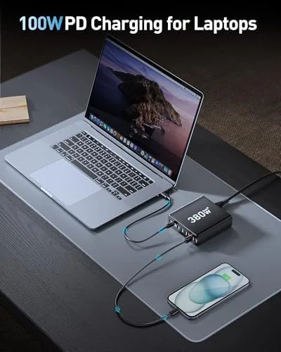 Detail shot of the 380W USB C Charger Block with 4 USB Cables Dual features