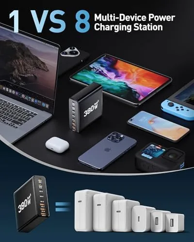 Another view of the 380W USB C Charger Block with 4 USB Cables Dual