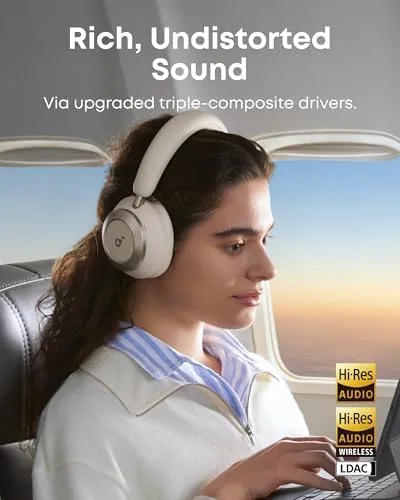 Soundcore Space One Pro worn on a flight with noise cancelling engaged