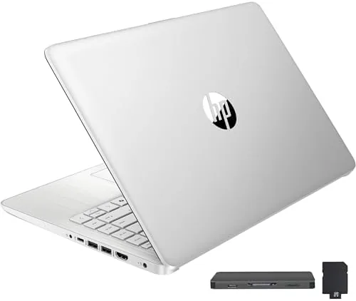 HP Stream 14 laptop open on a desk showing its silver shell