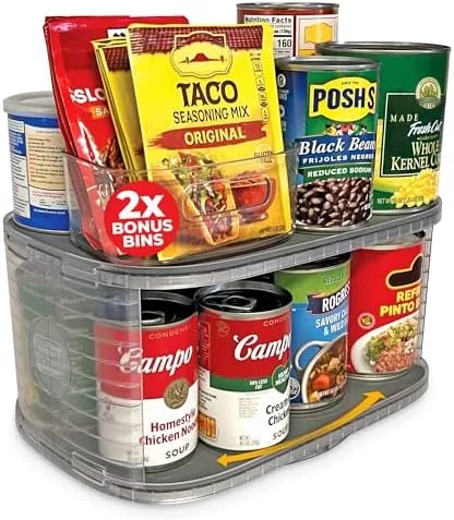 The 2-tier steel reinforced lazy susan loaded with pantry cans and jars